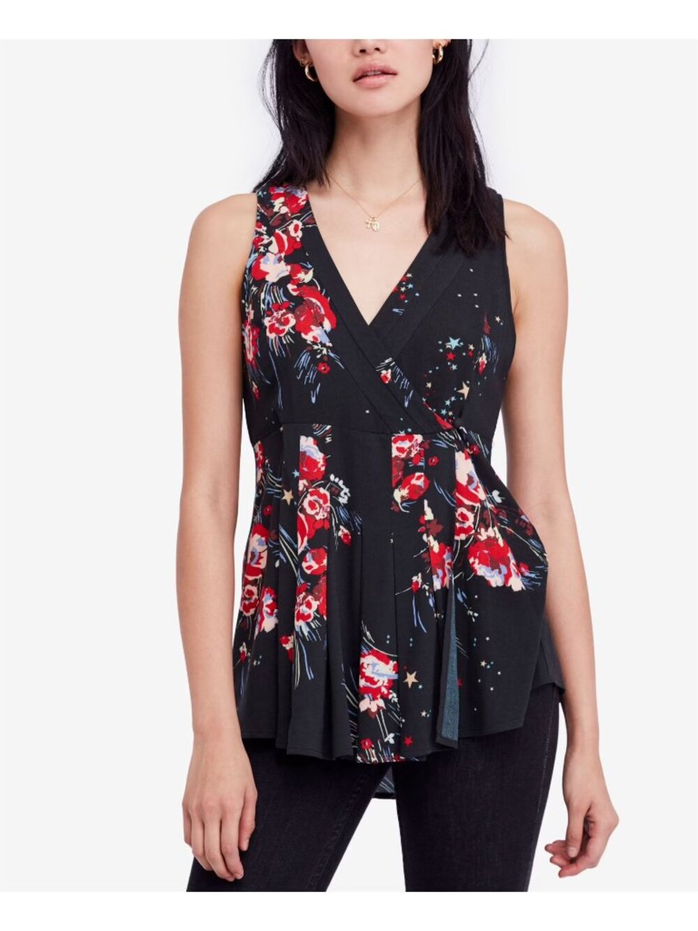 Free People NWOT Black Floral Star Deep V Sleeveless Blouse